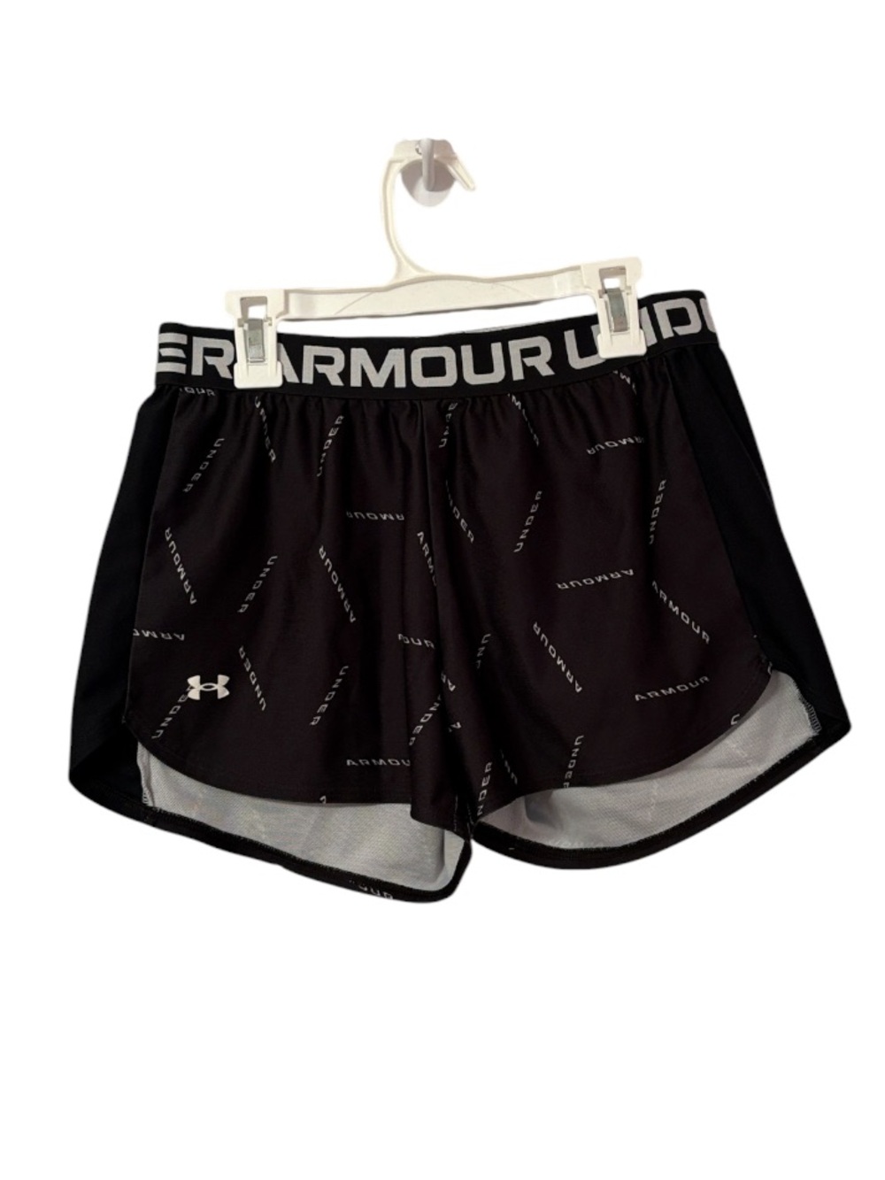 Under Armour Black & White Allover Logo Print Athletic Shorts
